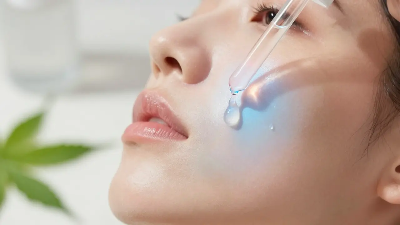 Nahaufnahme eines Gesichtsserums, das Rötungen der Haut beruhigt und spendet.