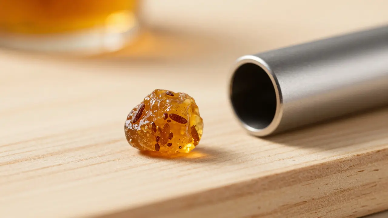 Nahaufnahme von CBD-Hash und einem modernen Vaporizer auf einer Holzoberfläche.