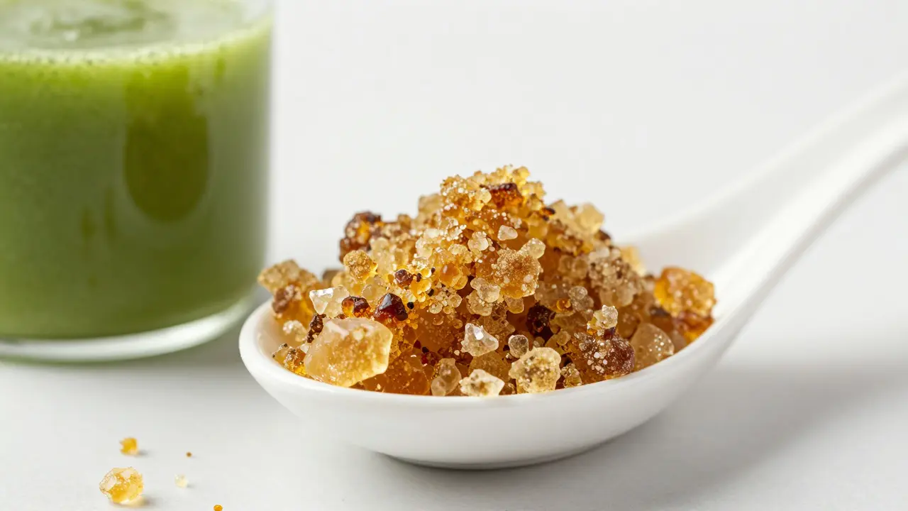 Nahaufnahme von goldfarbenem CBD Crumble auf einem weißen Löffel neben einem grünen Smoothie.