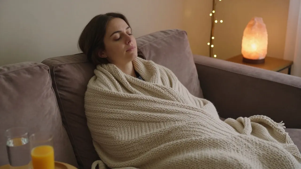 Person entspannt unter einer schweren Decke in gemütlicher Umgebung