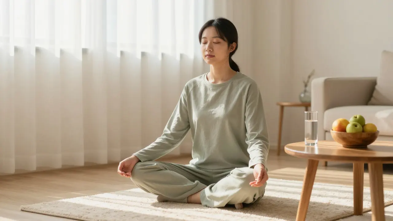 Person in einer gemütlichen Umgebung, die durch Achtsamkeit wieder zur Ruhe findet.