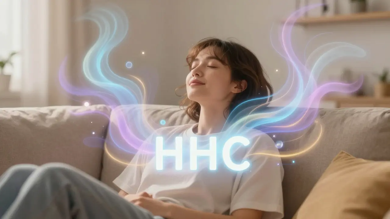 Person in entspannter, euphorischer Stimmung mit farbigen, schwebenden Wirbeln.