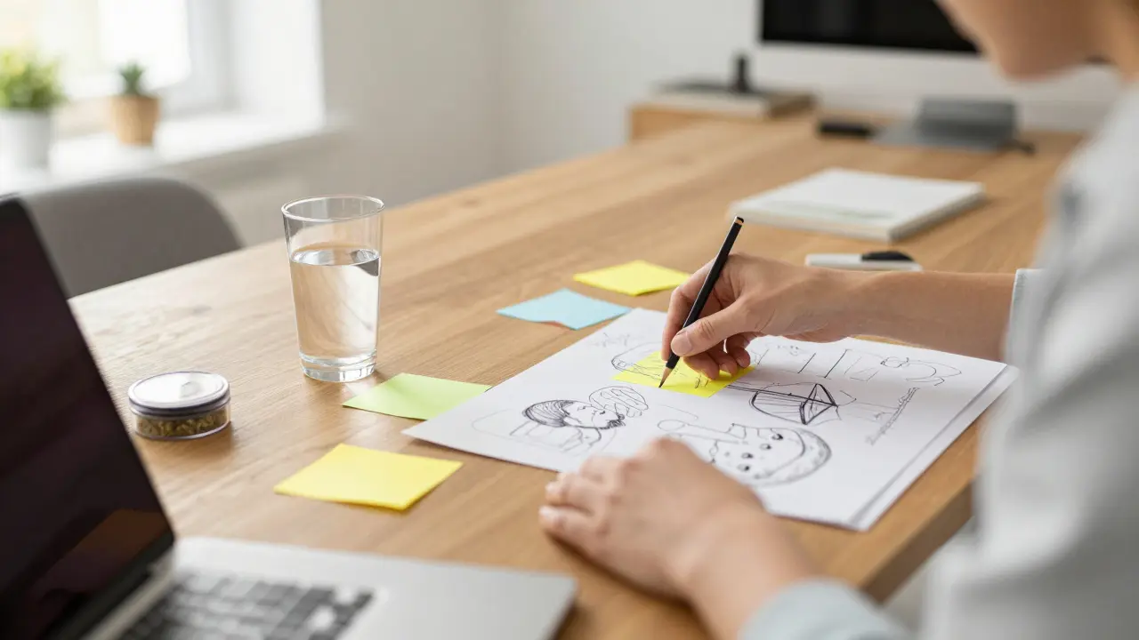 Produktive Person in einem sonnendurchfluteten Raum bei der kreativen Arbeit.