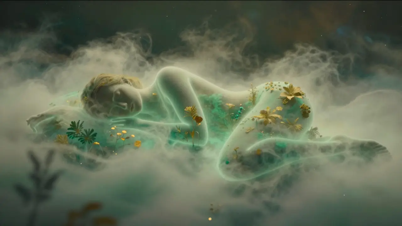 Stilisierte Darstellung einer Person in tiefem, entspanntem Schlaf mit heilenden grünen Nebeln.