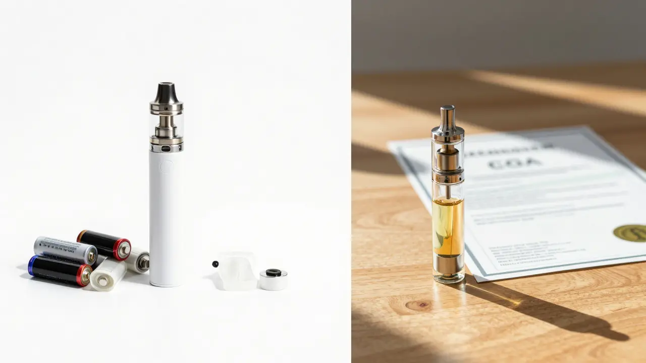 Vergleich zwischen einem Einweg-Vape mit Elektroschrott und einem nachhaltigen Vaporizer mit Laborbericht.