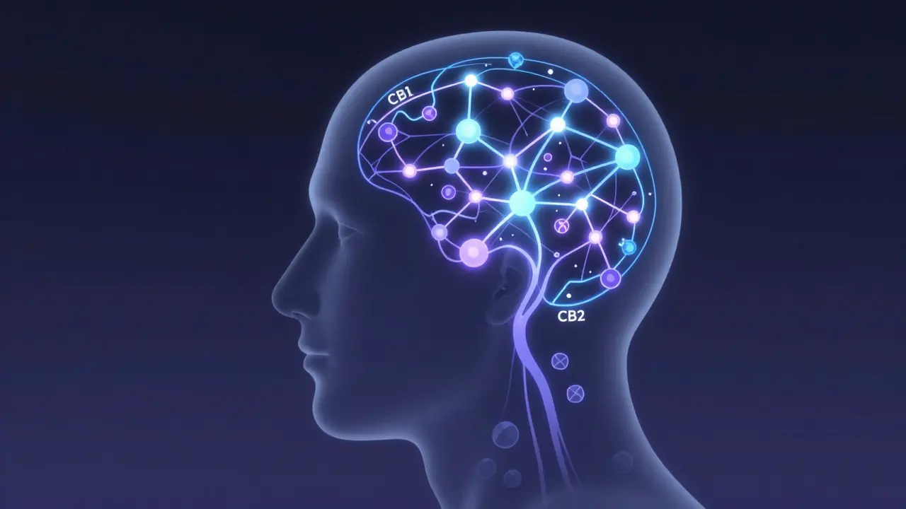 Abstrakte Darstellung des Endocannabinoid-Systems und CBD-Moleküle