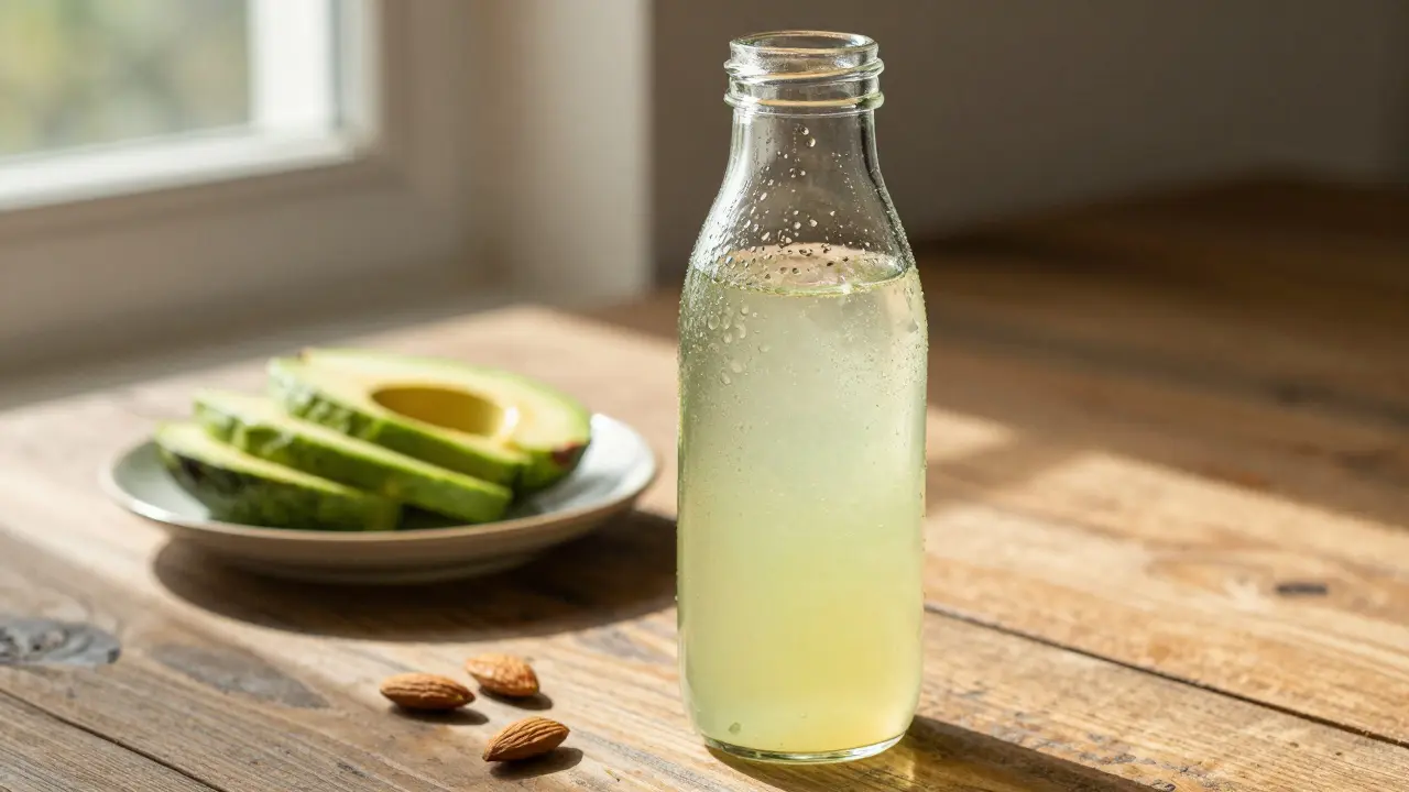 CBD-Getränk auf Holztisch neben Avocado und Mandeln für bessere Aufnahme