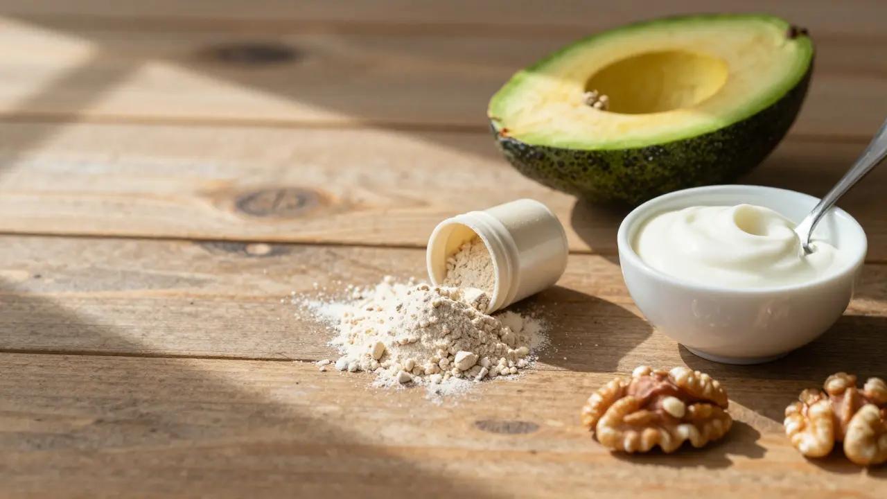 CBD-Kapsel neben gesunden Fetten wie Avocado und Nüssen auf Holztisch
