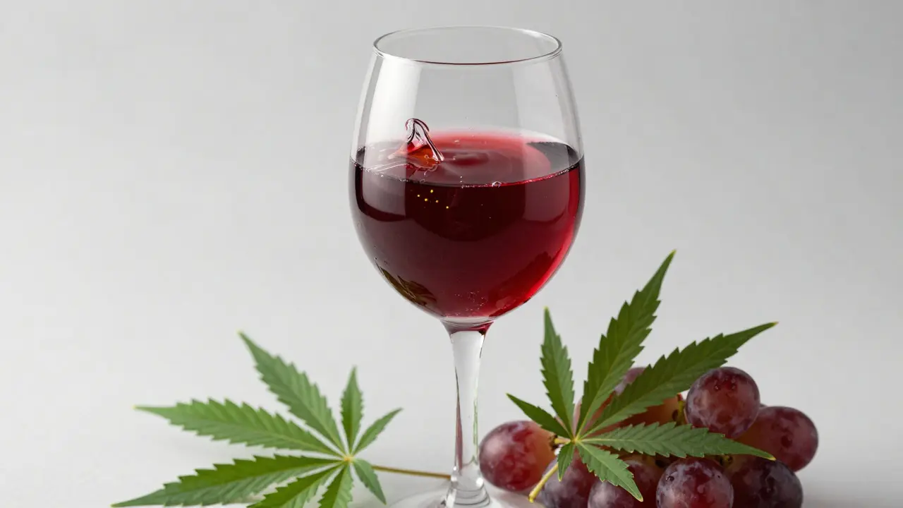 Ein Glas Rotwein mit Cannabisextrakten und frischen Trauben