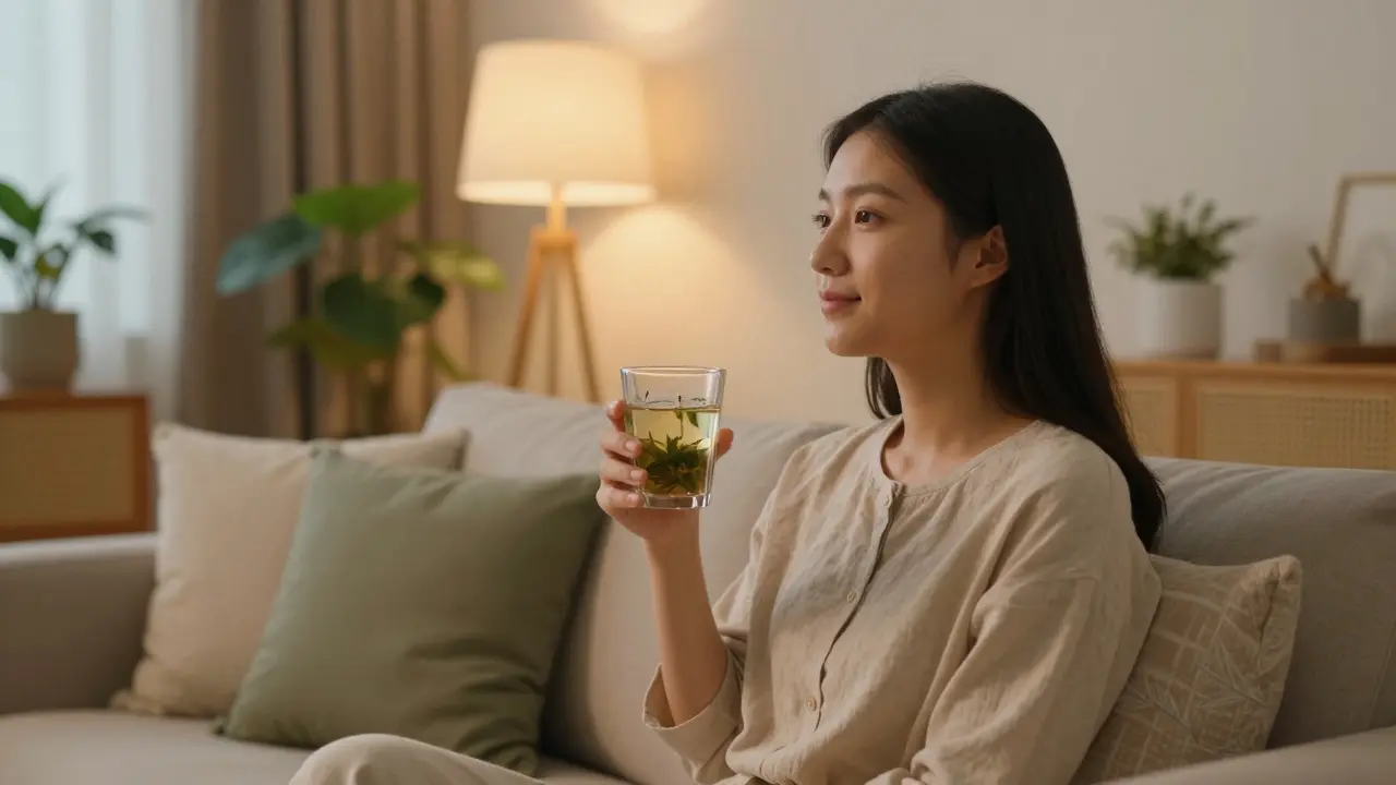 Entspannte Person mit CBD-Drink in gemütlichem Wohnzimmer bei Dämmerung
