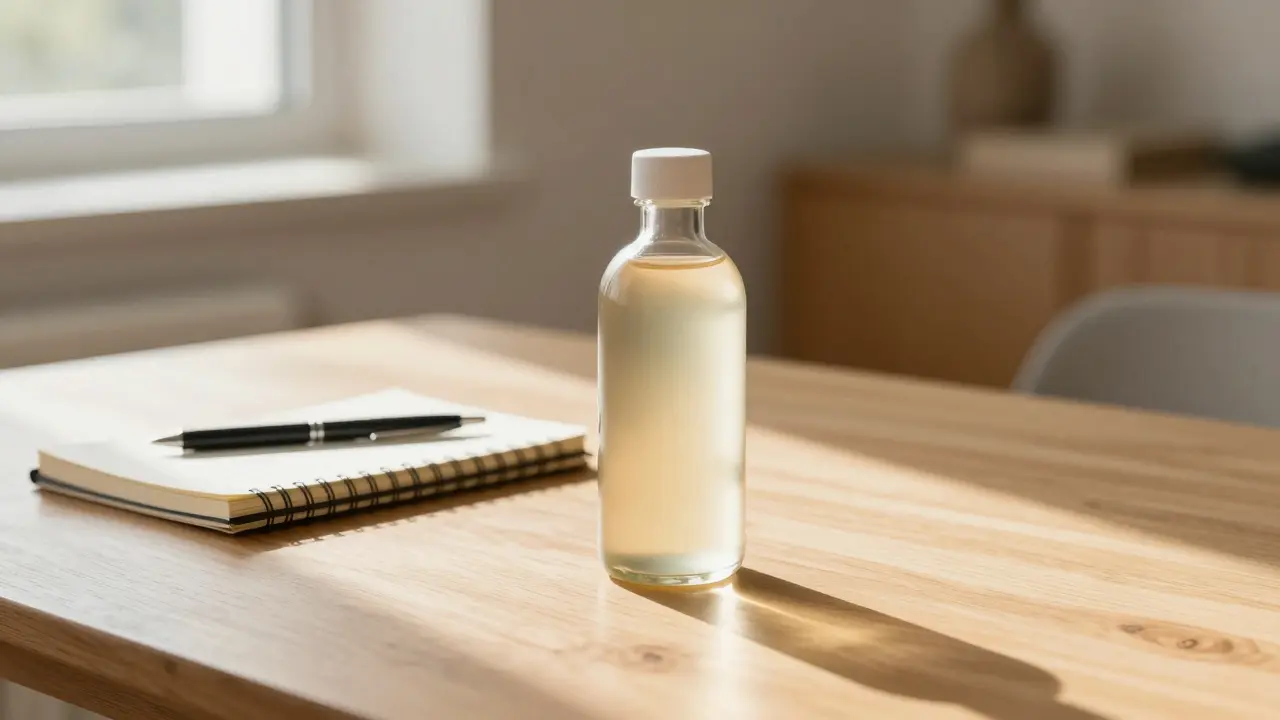 Flasche mit Cannabis-Getränk und Notizbuch auf einem Tisch bei warmem Morgenlicht