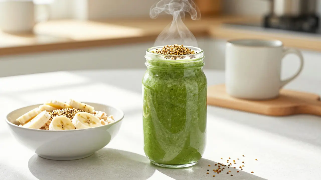 Grüner Smoothie mit Hanfkernen und Haferflocken auf einem hellen Tisch