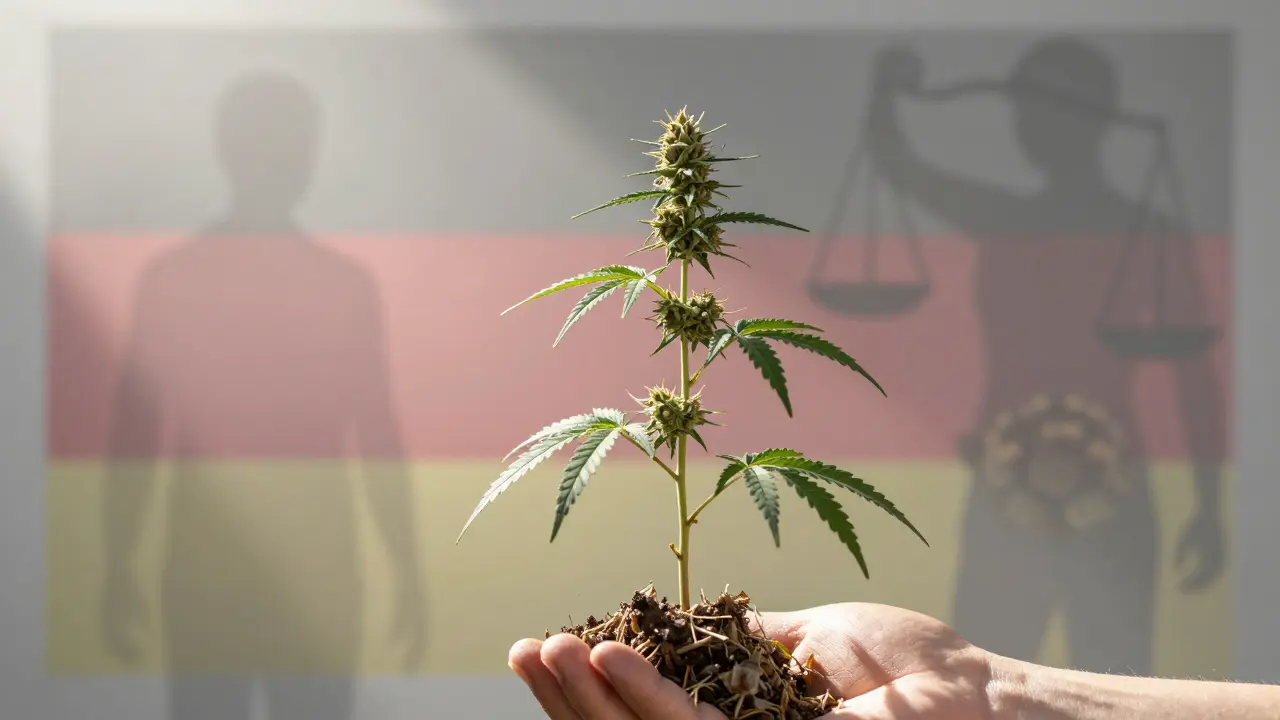 Hanfpflanze im Sonnenlicht versus Cannabis im Schatten der Gesetze