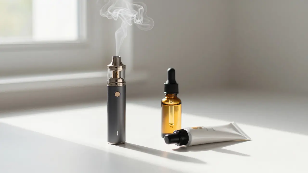 HHC-Vape und Öltropfer auf minimalistischem Tisch für Abendentspannung