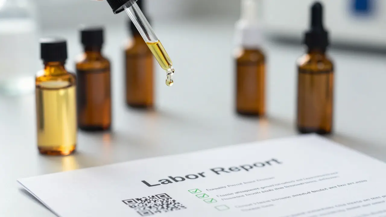 Hochwertiges CBD-Öl und Laborzertifikat auf einem Tisch