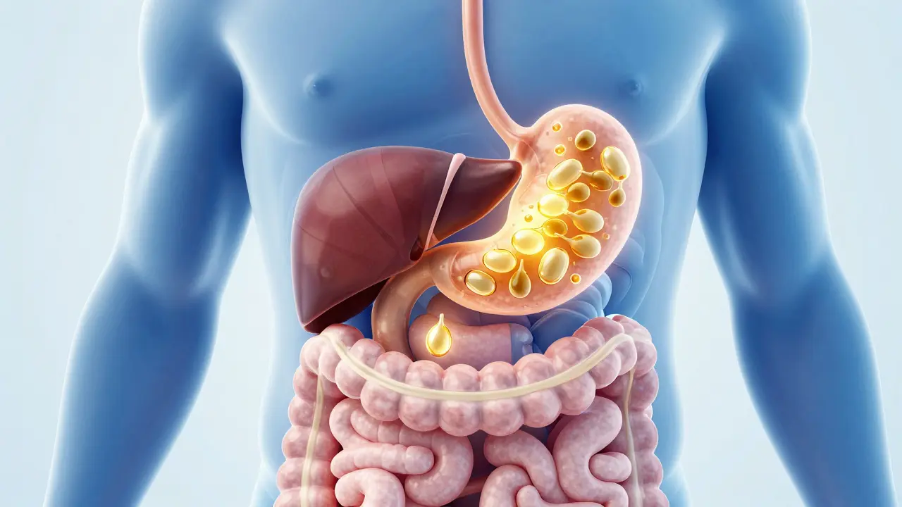 Illustration der CBD-Aufnahme im Verdauungstrakt mit Fett