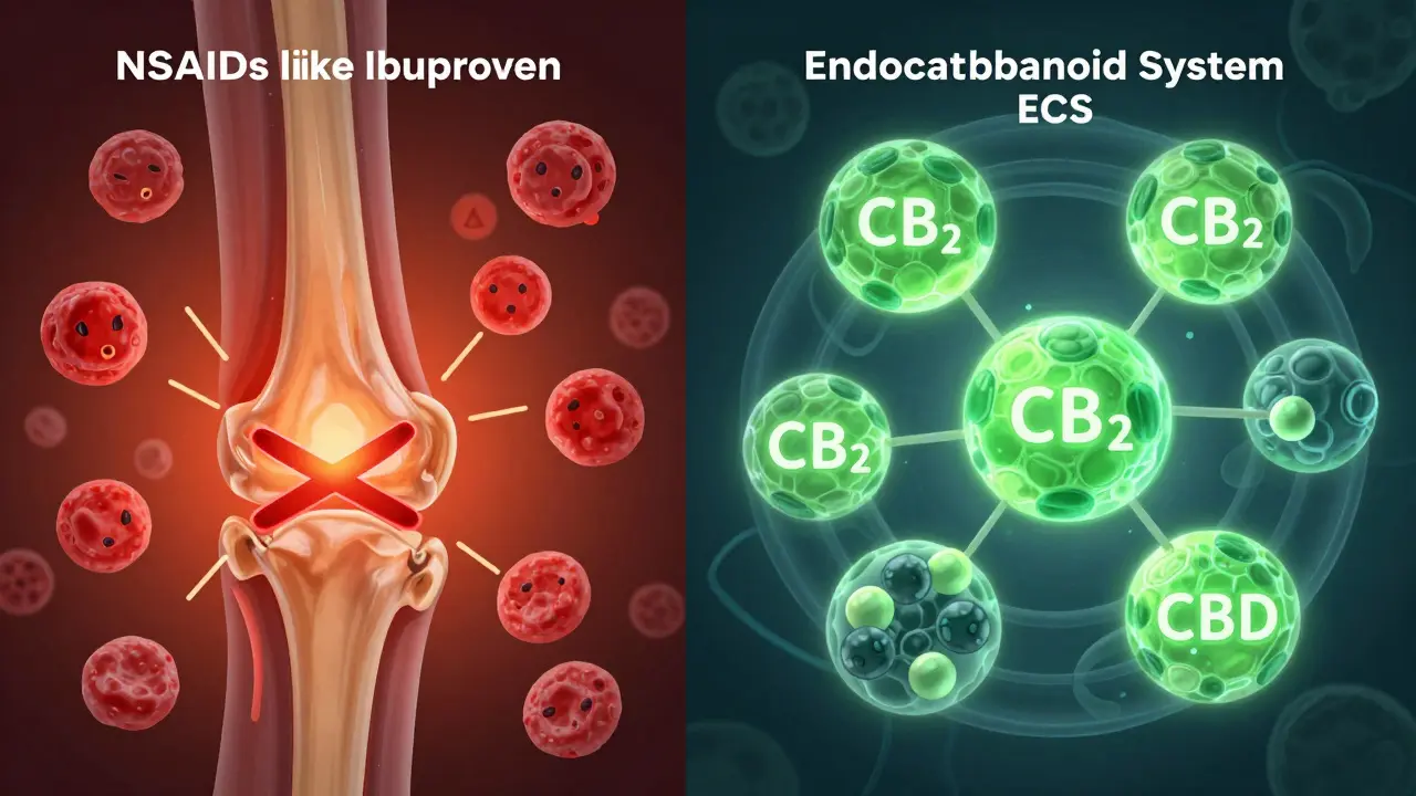 Illustration: Entzündungshemmung durch NSAR vs. ECS-Modulation durch CBD