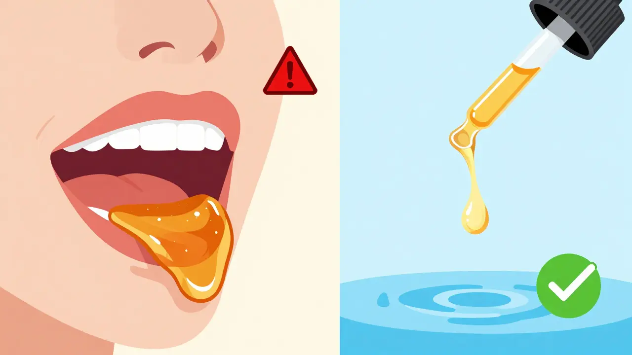 Illustration: Klebriger Shatter im Mund versus sichere CBD-Öl-Einnahme