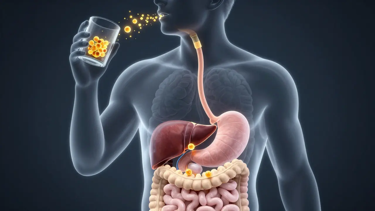 Konzeptuelle Illustration der Aufnahme von CBD-Molekülen im menschlichen Verdauungssystem