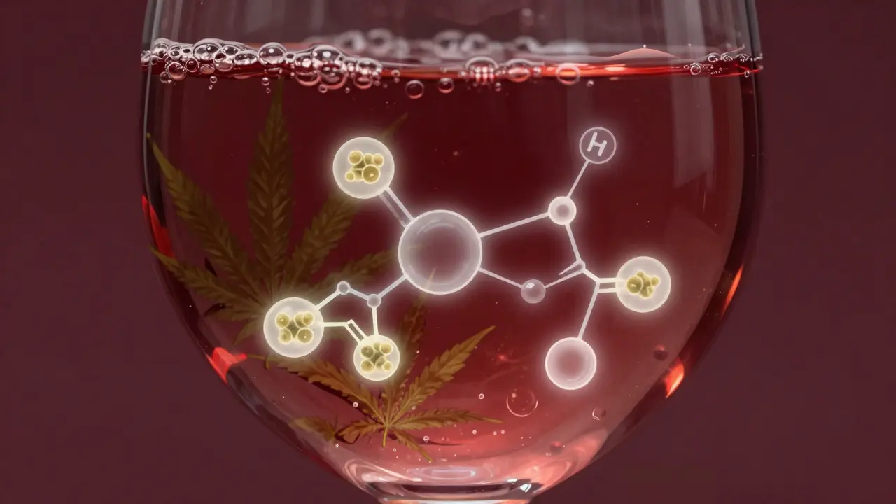 Künstlerische Darstellung von THC-Molekülen und Hefe in Weininfusion