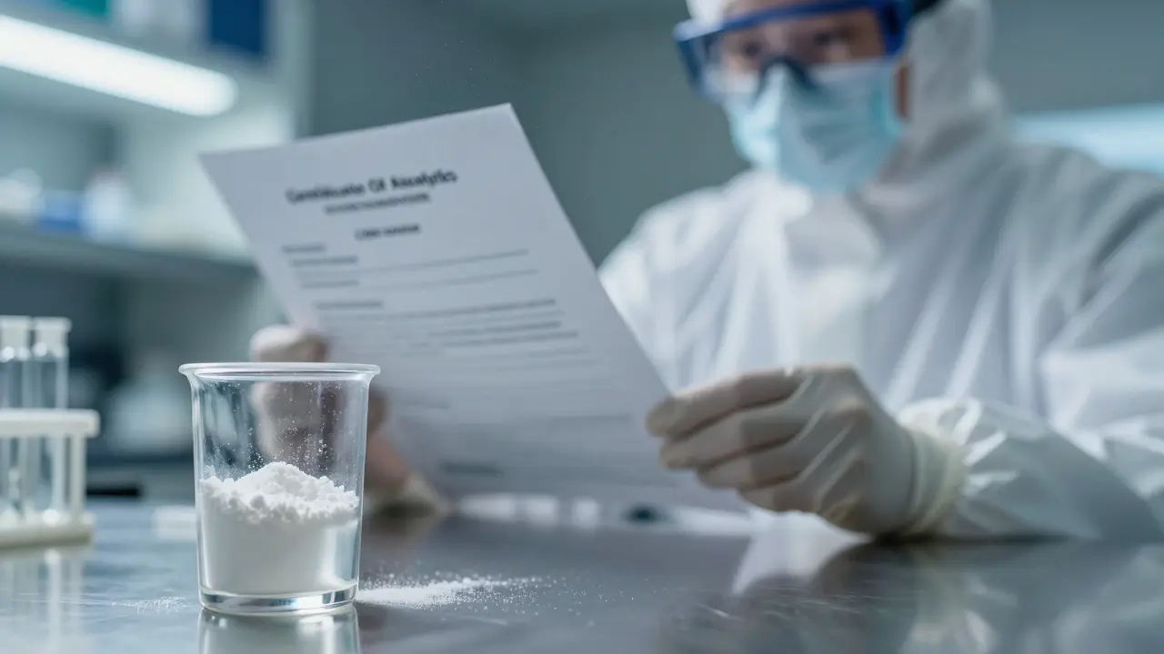 Laborumgebung mit Testgefäß und Analyse-Dokument im Hintergrund