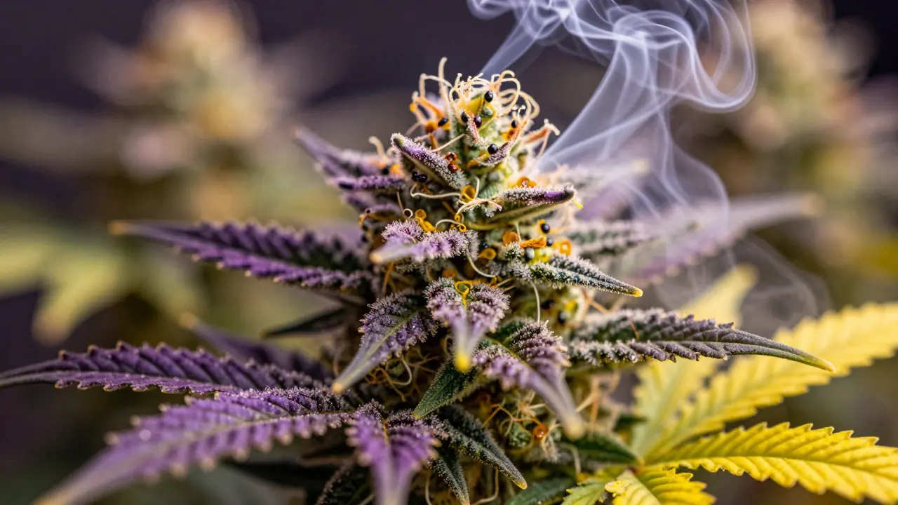 Makroaufnahme von Cannabis-Blüten mit farbigem Dampf, der Terpene und das Entourage-Phänomen darstellt