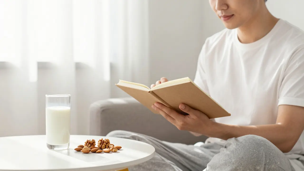 Person entspannt mit Notizbuch, Milch und Nüssen