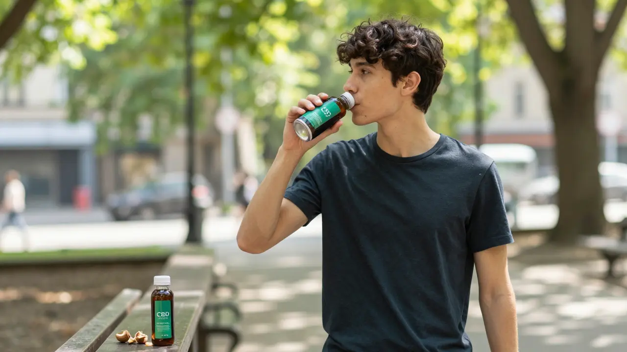 Person genießt entspannt ein CBD-Drink beim Spaziergang im sonnigen Park