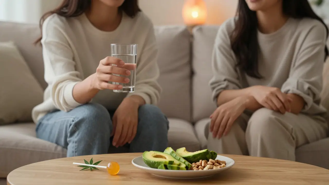 Person im entspannten Zuhause mit Wasser, Snacks und einem Cannabis-Lutscher
