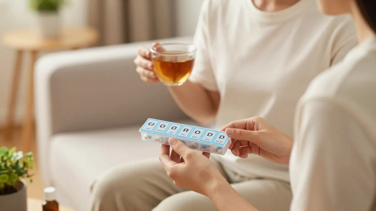 Person mit Tee und Pillendose im gemütlichen Wohnzimmer