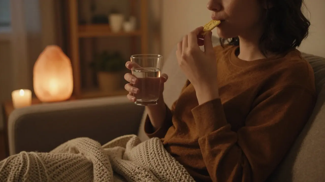 Ruhige Person entspannt auf dem Sofa mit Wasser und Snacks