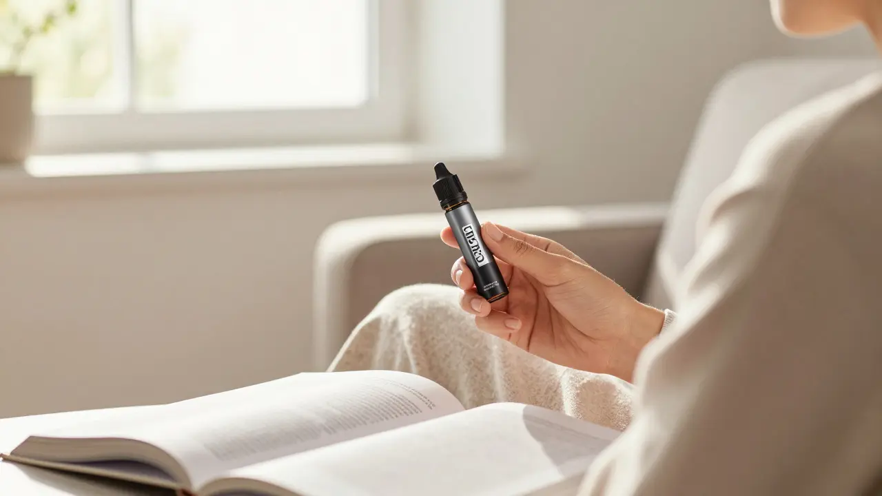 Ruhige Person entspannt sich mit einem hochwertigen CBD-Vape im sonnigen Wohnzimmer