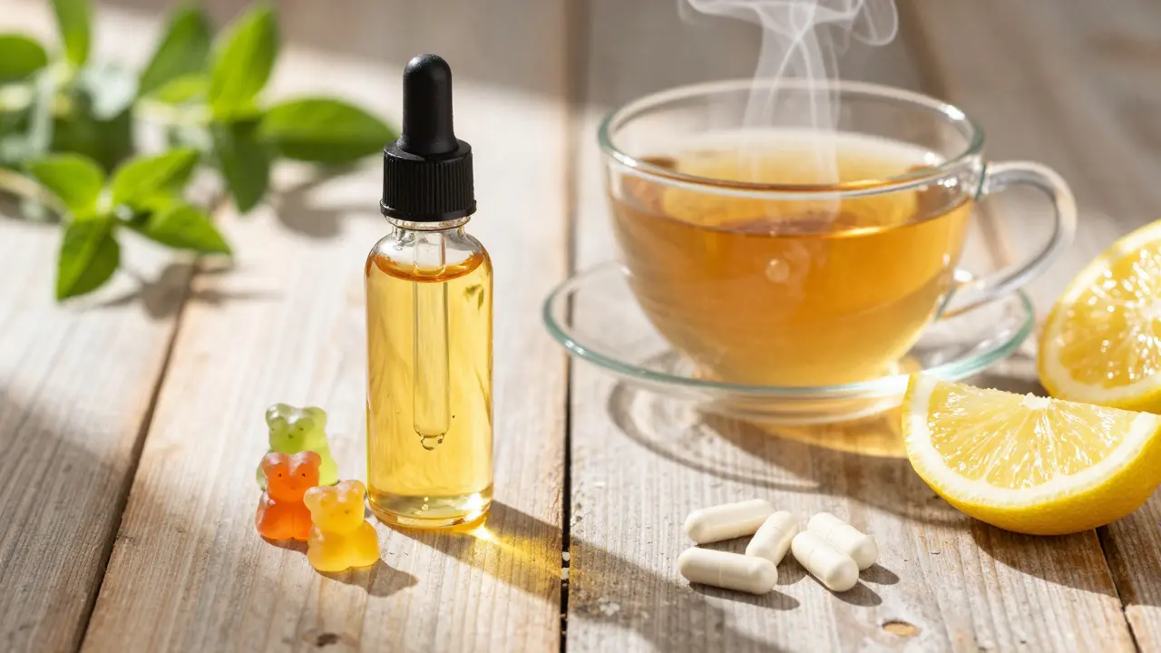 Sichere CBD-Alternativen wie Öl, Kapseln und Gummibärchen auf Holz