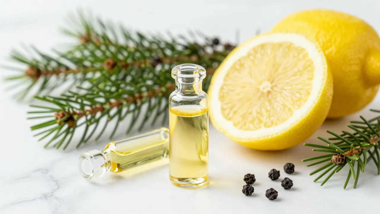 Zitrusfrüchte und Nadeln neben Cannabinoidöl
