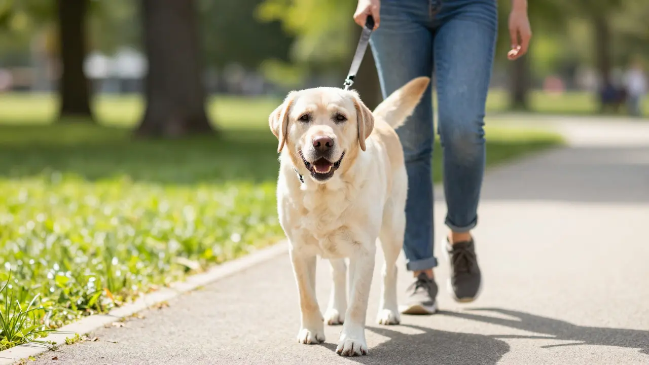 Alter Labrador läuft fröhlich spazieren