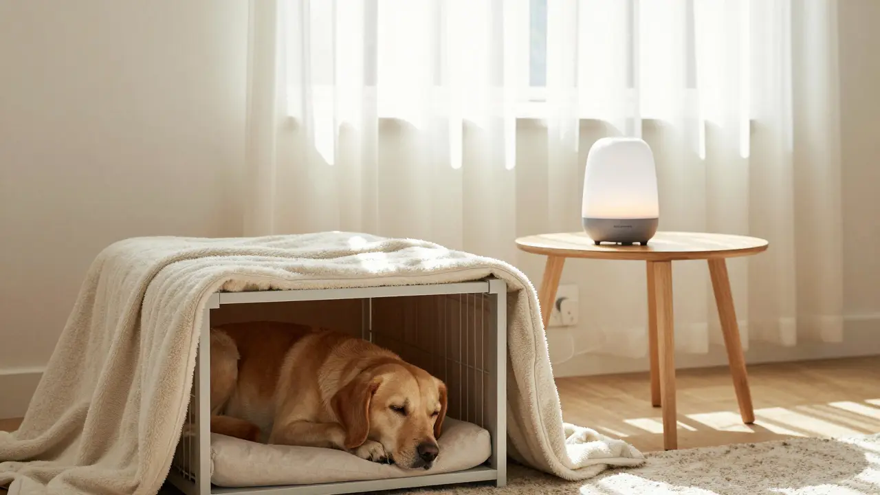 Beruhigende Umgebung mit Pheromon-Diffusor und sicherem Versteck für Hunde