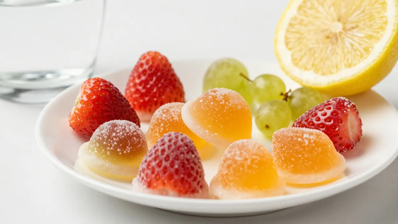 Bunte Fruchtgummis auf einem Teller mit Zitronenscheibe