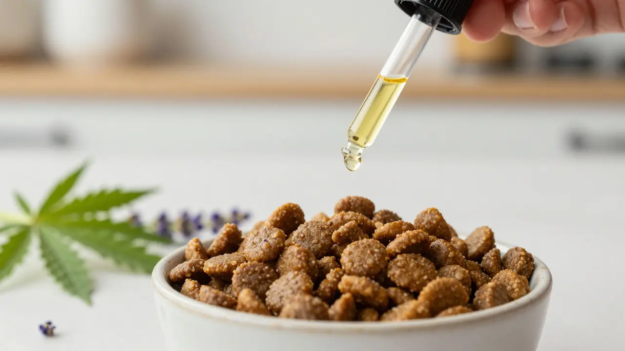 CBD-Öl wird aus Pipette ins Hundefutter getropft