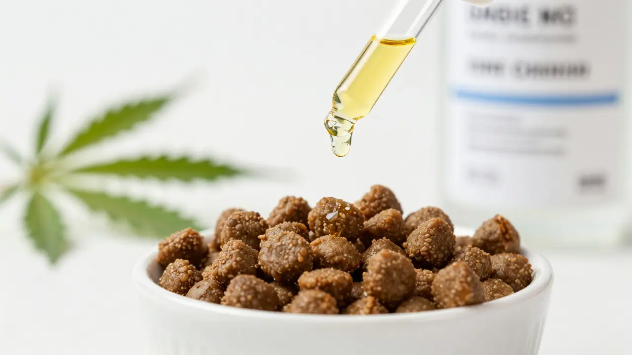 CBD-Öl wird mit einer Pipette auf Hundefutter getropft