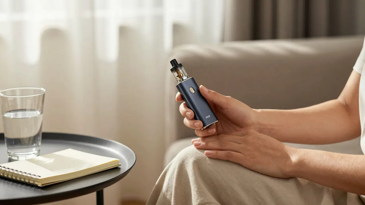 Entspannte Person mit Vape-Gerät und Wasser in einem hellen Wohnzimmer
