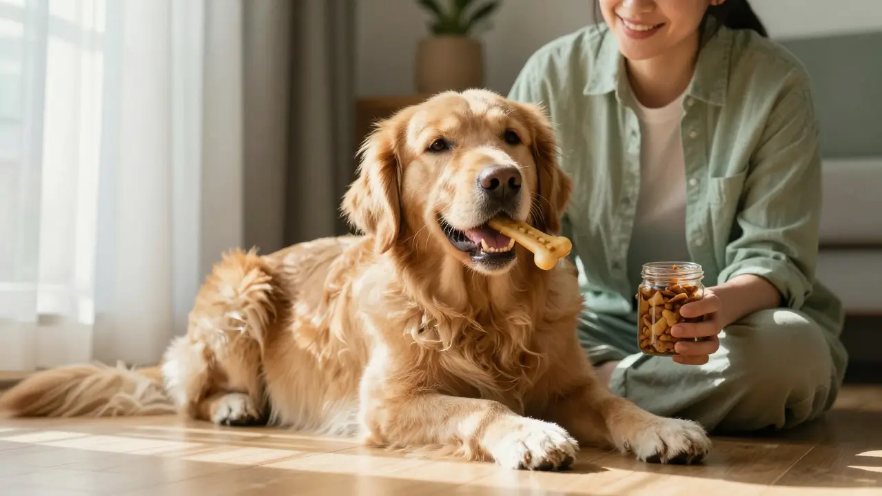 Entspannter Hund kaut zufrieden auf einem Leckerli zu Hause