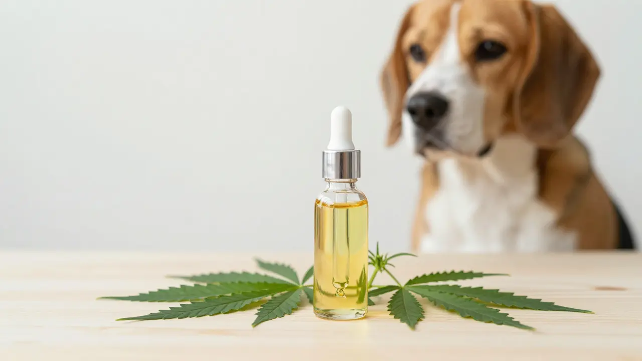 Fläschchen mit CBD-Öl und Hanfpflanzen neben einem entspannten Hund