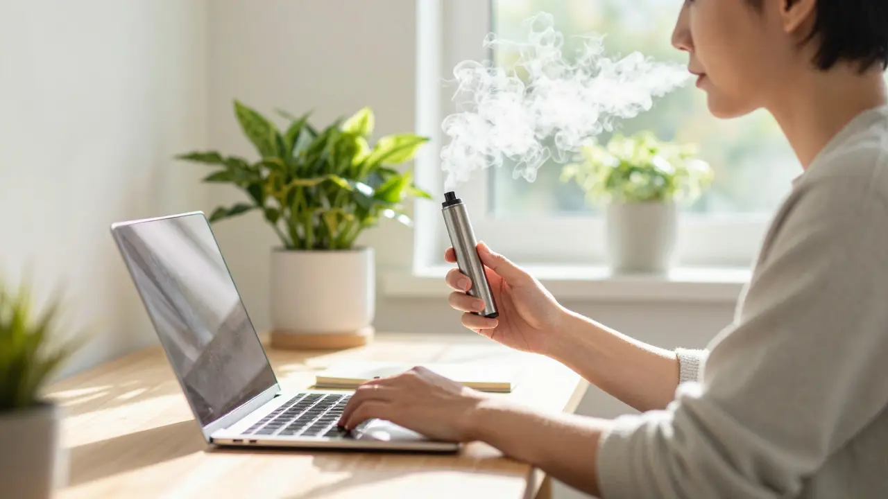 Fokussierte Person nutzt einen Vaporizer am hellen Schreibtisch für klare Wachheit