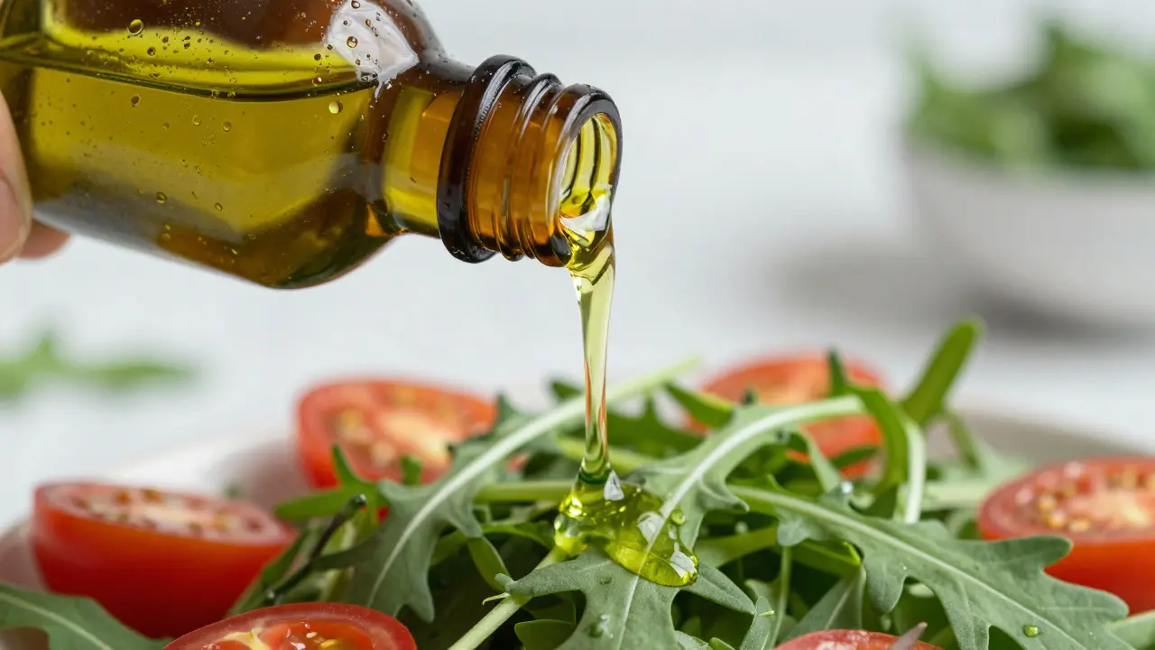 Frisches Hanföl wird über einen grünen Salat geträufelt