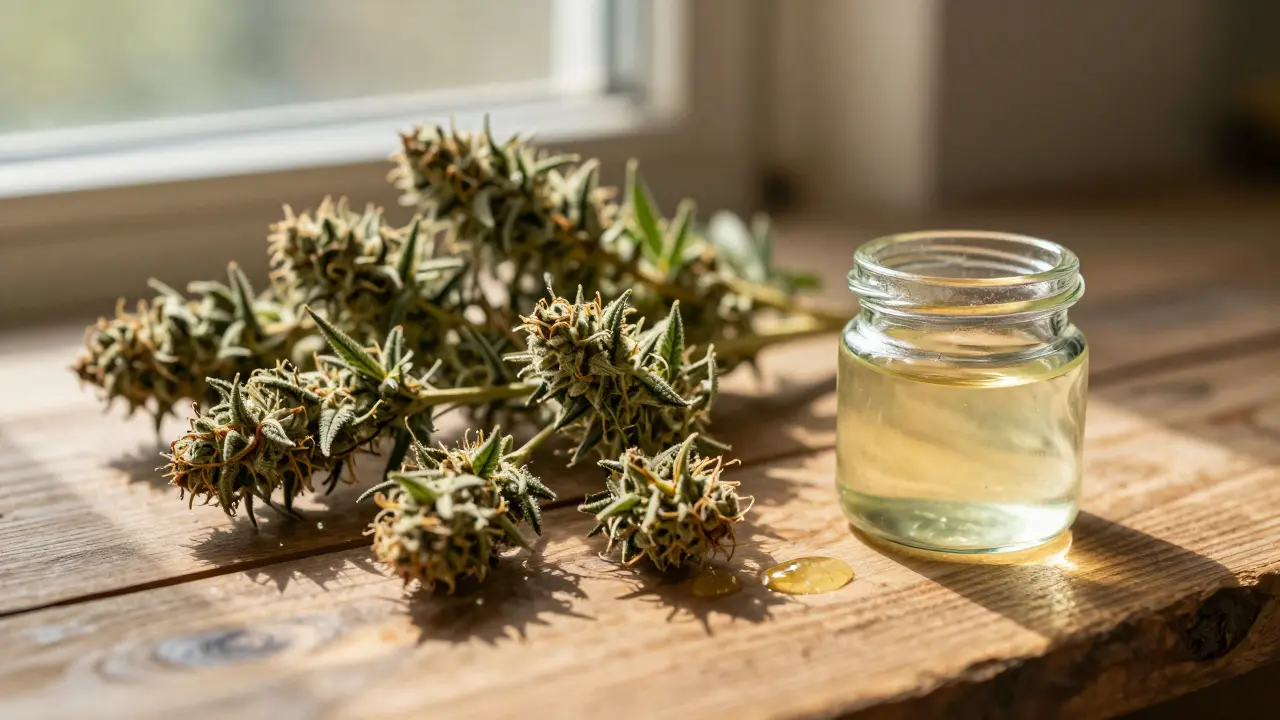 Getrocknete Cannabisblüten und Extrakt auf rustikalem Holztisch im Sonnenlicht