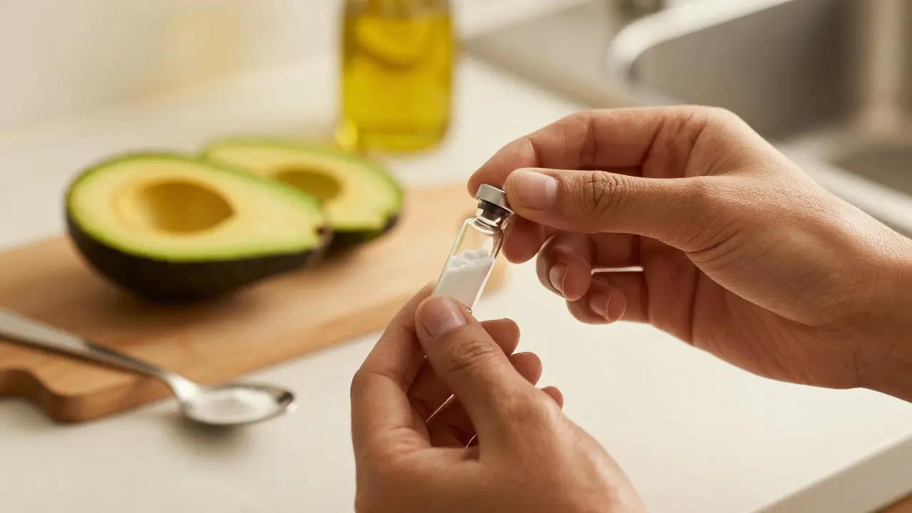 Hände halten CBD-Pulver neben Avocado und Olivenöl