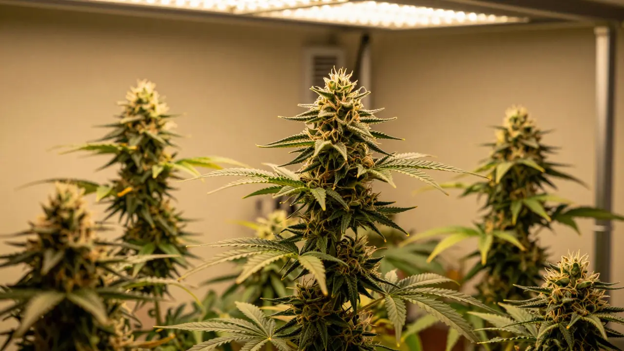 Indoor-Anbau von Sativa-Pflanzen unter warmer LED-Beleuchtung