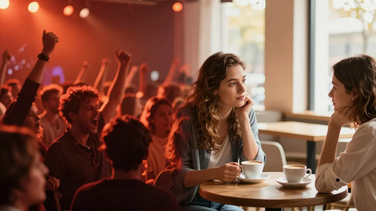 Konzeptbild: Lauter Konzert-Lärm links versus ruhiges Café-Gespräch rechts zur Wirkungsdarstellung