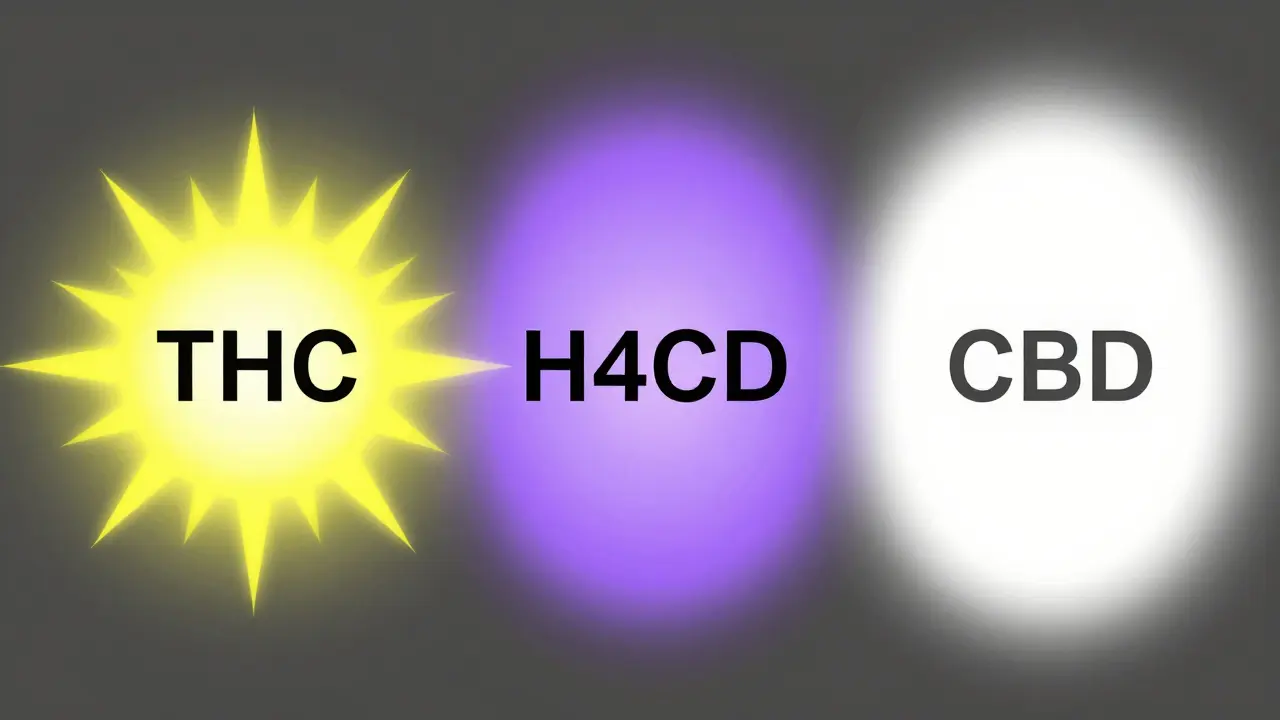 Konzeptkunst zeigt den Vergleich der Wirkungen von THC, H4CBD und CBD