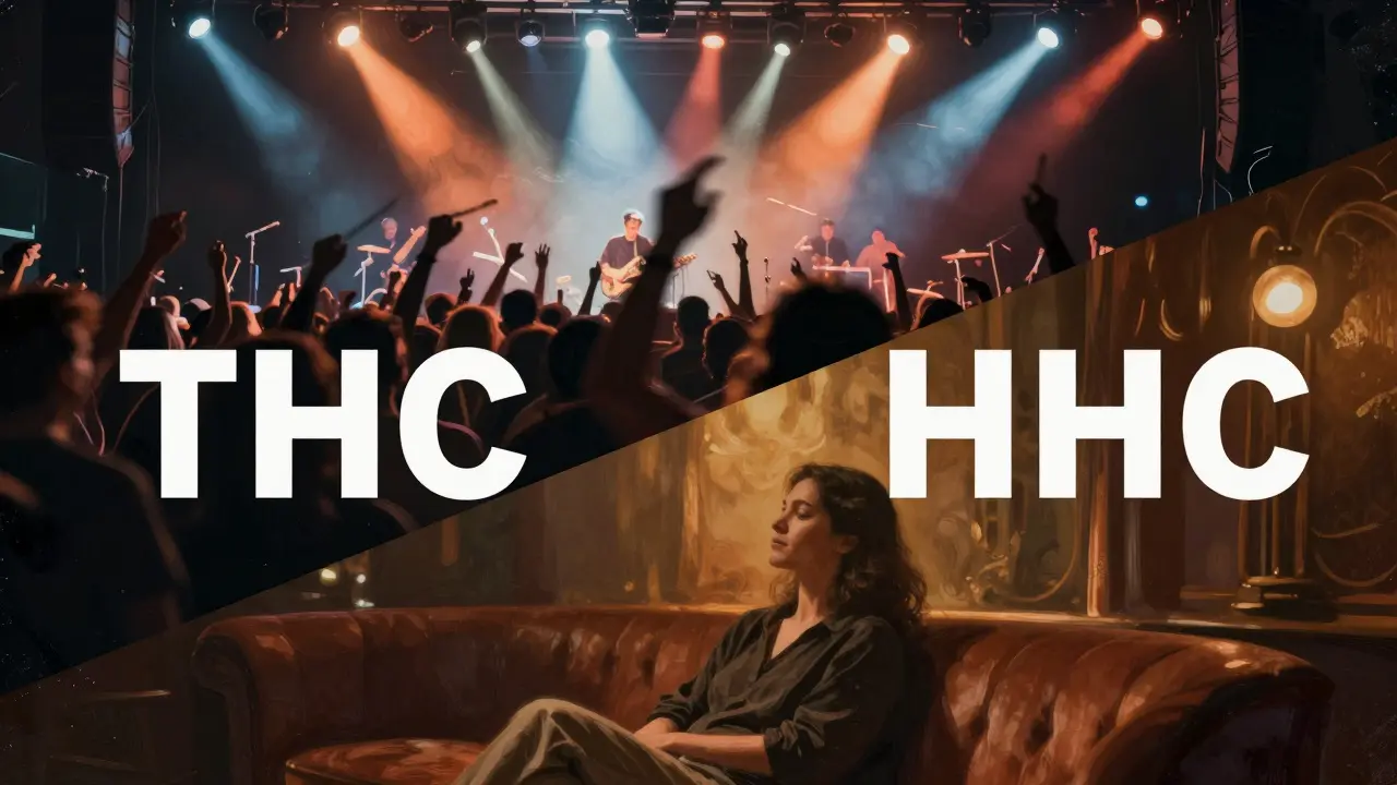 Künstlerischer Kontrast zwischen intensiver THC-Wirkung und sanfter HHC-Entspannung